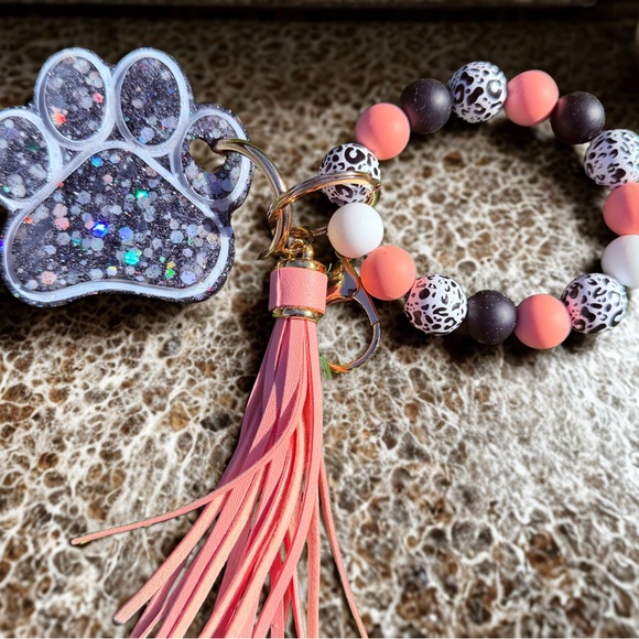 Handmade Accessories - Leopard Print Beaded Keychain with Pink Tassel